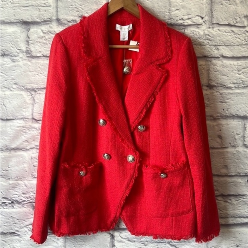 NWT $259 House of Harlow Red Tweed Double Breasted
Blazer Frayed Trim